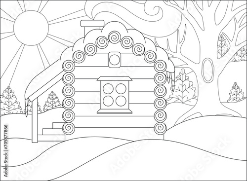 Wooden house in the winter forest - vector linear picture for coloring. Outline. A house made of logs with a canopy and porch. Landscape with trees and snowdrifts