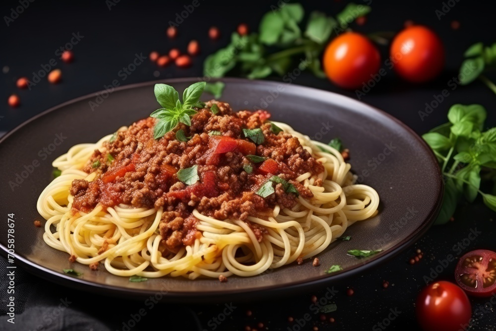 Spaghetti Bolognese with Fresh Basil on a Black Plate Spaghetti Bolognese with Fresh Basil on a Black Plate