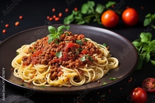 Spaghetti Bolognese with Fresh Basil on a Black Plate
