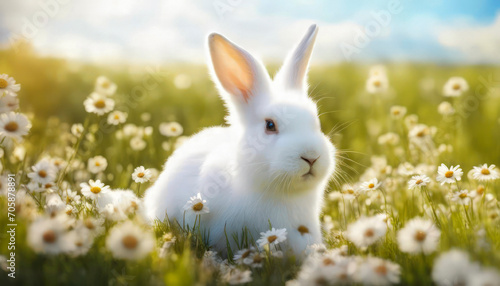 White fluffy rabbit in green meadow with wild daisies, against background of blue blurred sky. The conceptual symbol of Easter. Copy space.