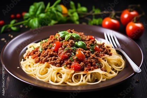 Spaghetti Bolognese with Fresh Basil on a Black Plate