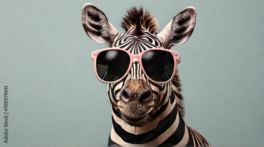 portrait of zebra with sunglasses on blue background. Generative AI. - obrazy, fototapety, plakaty 