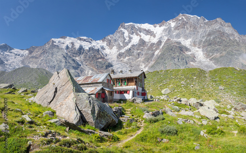 The panorama of Monte Rosa and Punta Gnifetti paks over the Rifugio Zambon Zappa chalet - Valle Anzasca valley.