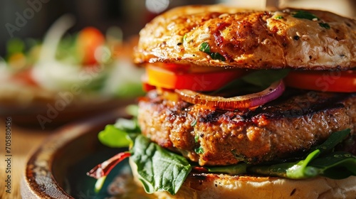 Close-up of juicy, grilled veggie burger on rustic plate. photo