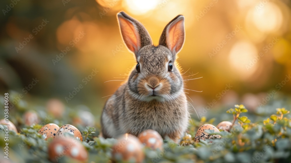Fototapeta premium Osterhase auf einem Blumenfeld mit warmen Licht 