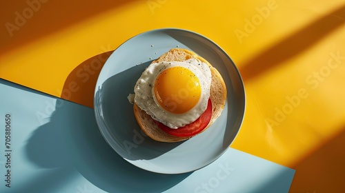  an egg is on top of a sandwich on a white plate on a yellow and blue tablecloth with a yellow background.