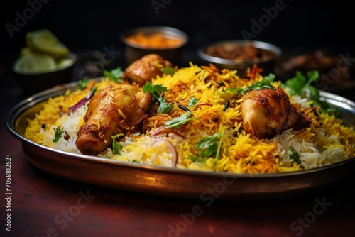 close-up of biryani, hydrabadi biryani, Bombay biryani, chicken biryani in a very traditional tray 