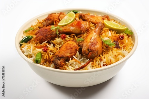 Delicious spicy chicken biryani in white bowl on white background, Indian or Pakistani ramzan food