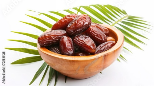 Dates fruit in bowl with palm leaf on white background. Ramadan banner islamic design. Suhoor or Iftar meal 