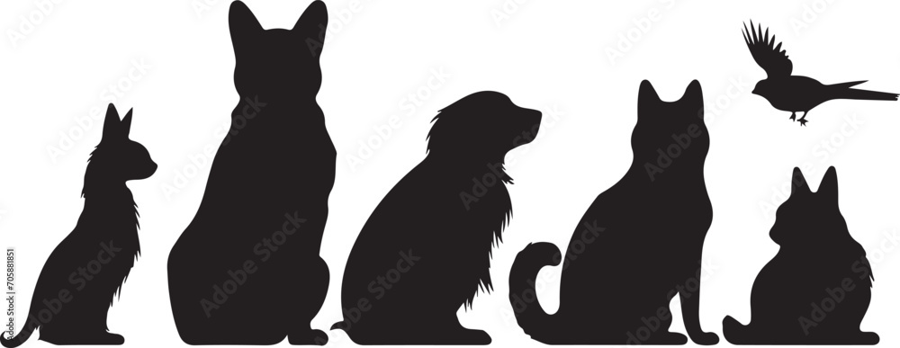 Group of pets; dog, cat, ferret, rabbit, bird, fish, rodent, solid black silhouette vector