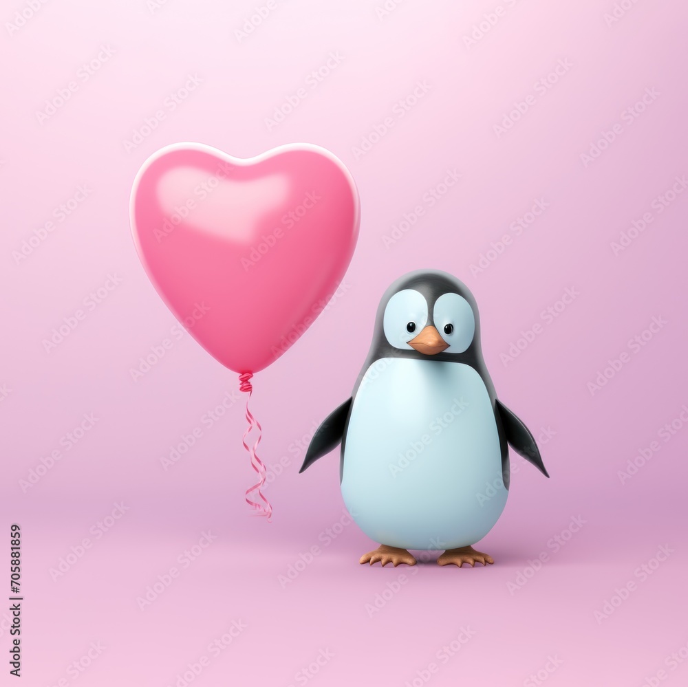 Obraz premium Illustration of a 3d penguin and a pink flying heart shaped balloon against a pastel pink background.