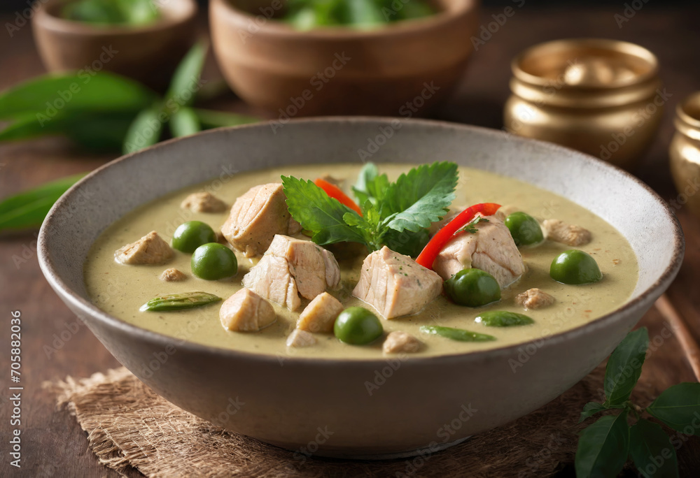 Thai chicken green curry on wood table background Thai chicken green curry on wood table background