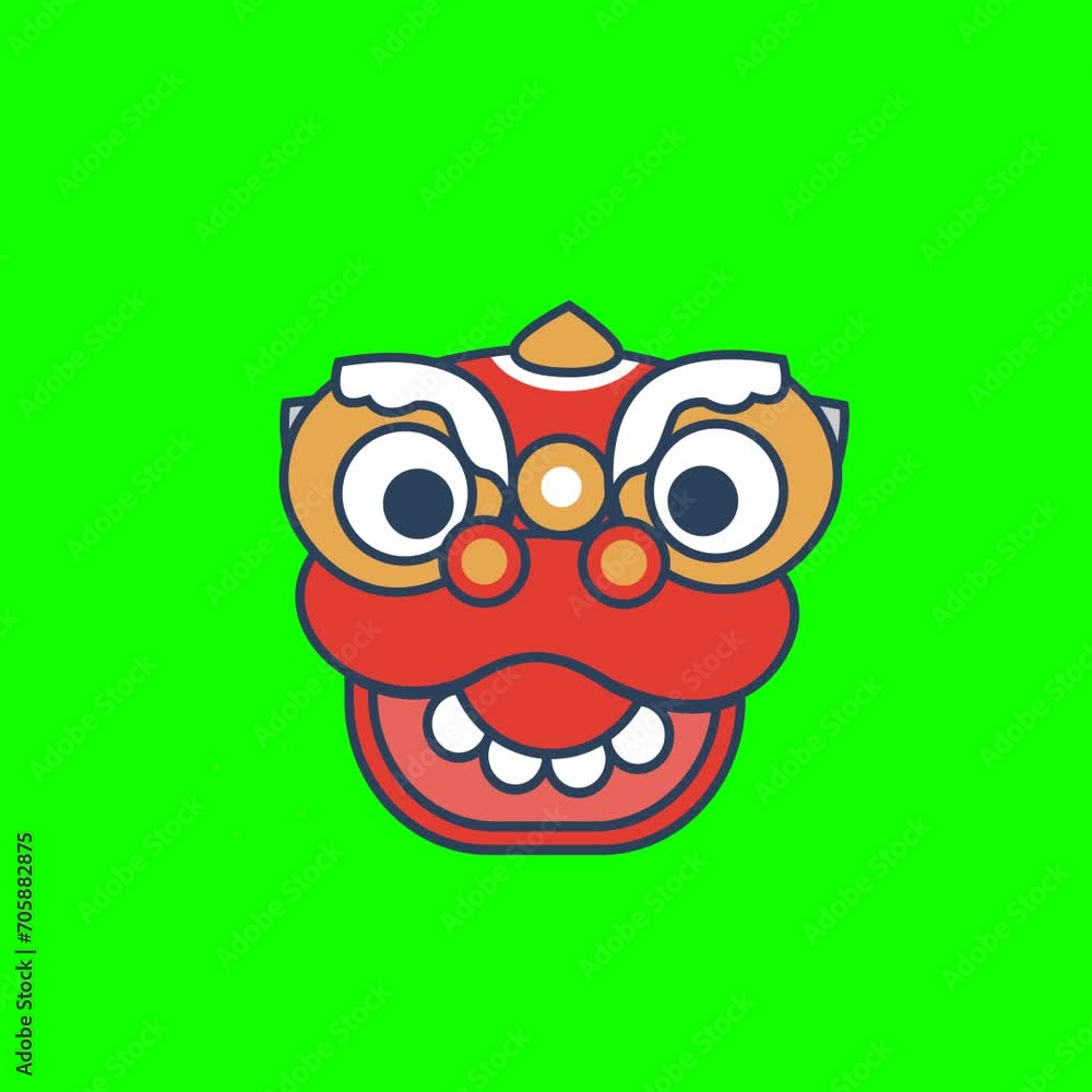 Barongsai Mask: Animated Vector Illustration on Green Background Barongsai Mask: Animated Vector Illustration on Green Background