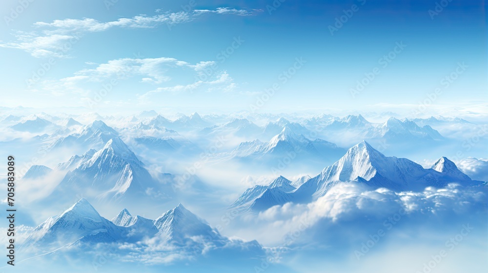 Mountain range with visible silhouettes through the morning colorful fog. Hazy mountain sunset. Panoramic view. Snowy desert terrain on a sunny day. Illustration for cover, card, interior design, etc.