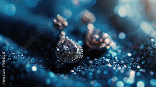 Luxurious silver earrings sparkle against a deep blue velvet backdrop.