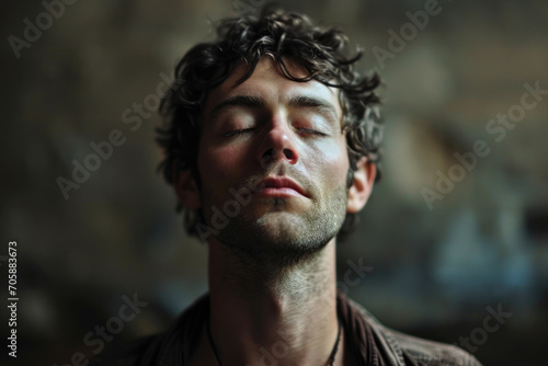 Serene Man Meditating with Closed Eyes.