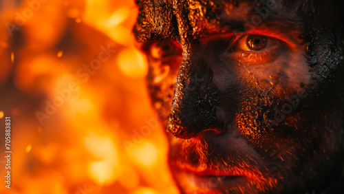 Soot-Covered Face Against Fiery Backdrop.