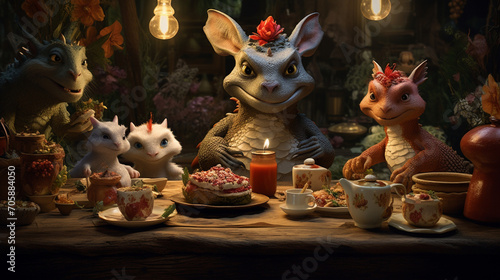 Dragon's Tea Party: A charming scene with the little dragon hosting a tea party with whimsical tea sets and treats, Little Dragon, Symbol, 2024 year