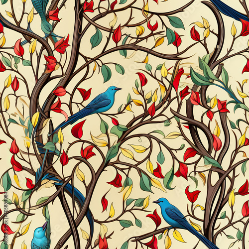 Nature Symphony, Tree Branches Surrounded With Birds Pattern Background,Seamless Pattern Images.
