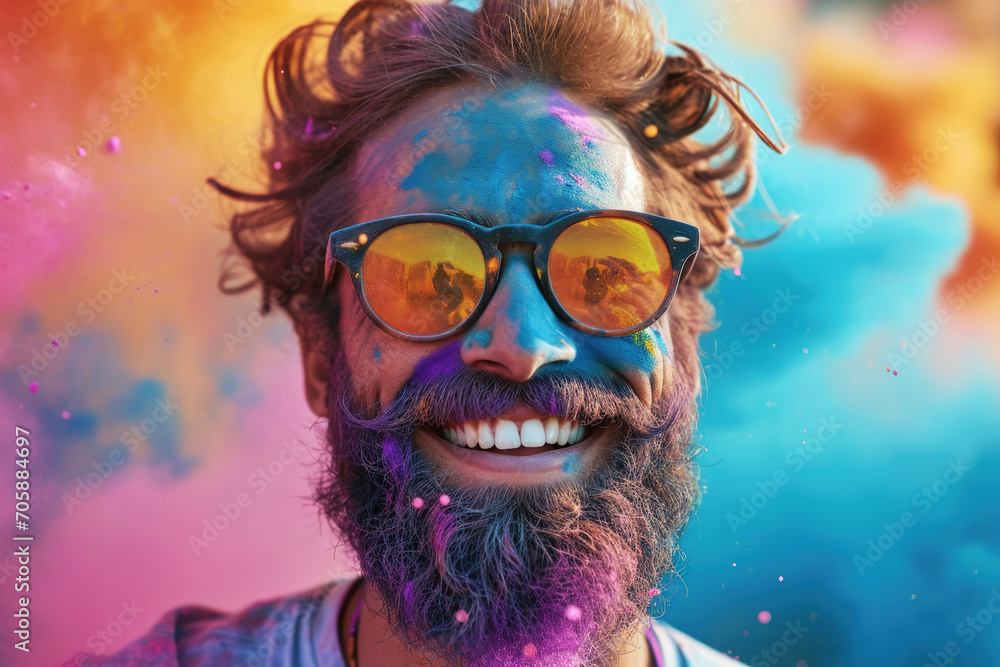 Happy bearded man celebrating Holi festival, smiling person with paint on face having fun. Portrait of guy in sunglasses on colorful powder background. Concept of India, color, people
