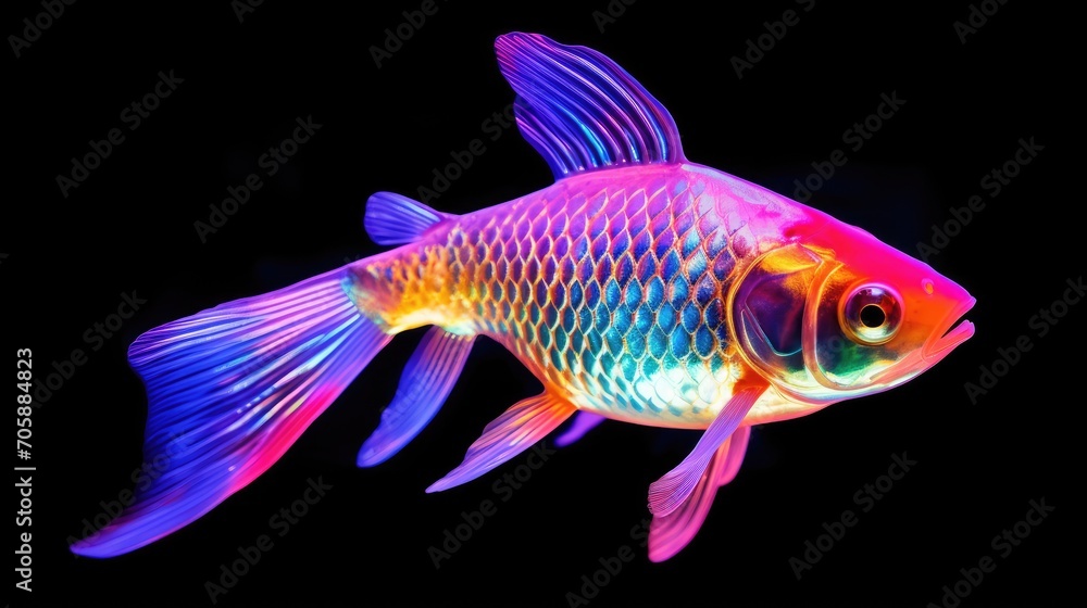Blue and violet exotic fish. Tropical fish swimming in ocean. Figurine made of glass material. Digital art. Illustration for poster, cover, card or presentation. Blue and violet exotic fish. Tropical fish swimming in ocean. Figurine made of glass material. Digital art. Illustration for poster, cover, card or presentation.