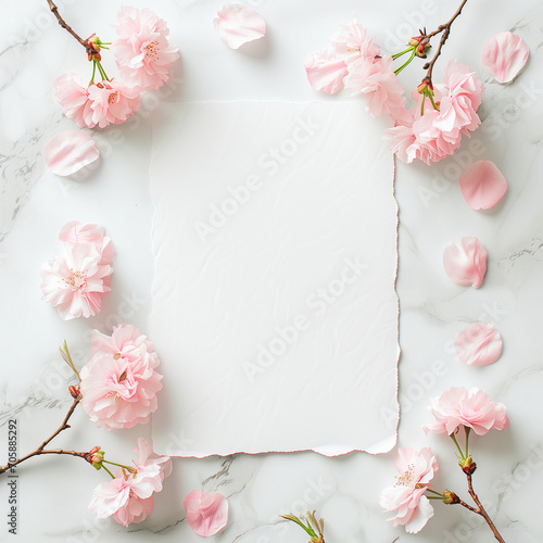 桜の花の背景に白いメッセージカード
