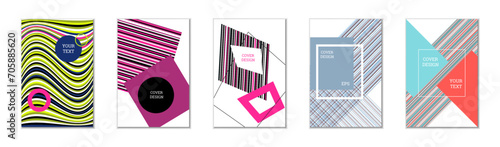 Geometric cover design, set of 5 covers. Abstract unusual background in Memphis style. Bright geometric shapes in random order