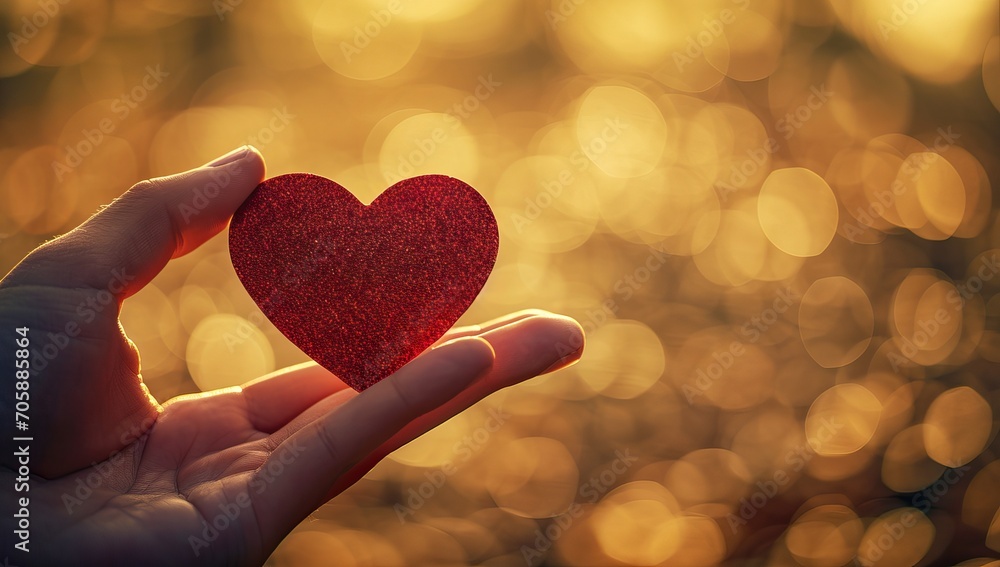 Female hand holding a red heart shape on bokeh background. Female hand holding a red heart shape on bokeh background.
