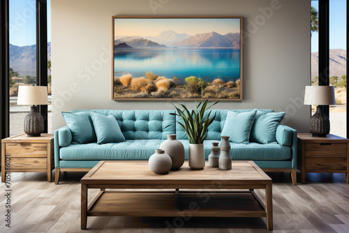Elevate your living space with light blue and aqua sofas surrounding a wooden table.  © HASHMAT