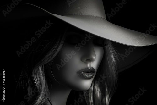 Enigmatic Monochromatic Portrait of a Woman in a Wide-Brimmed Hat