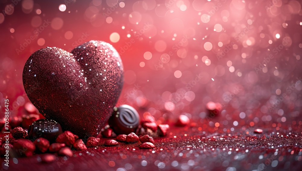 Fototapeta premium Valentines day background with red heart and chocolate candies.