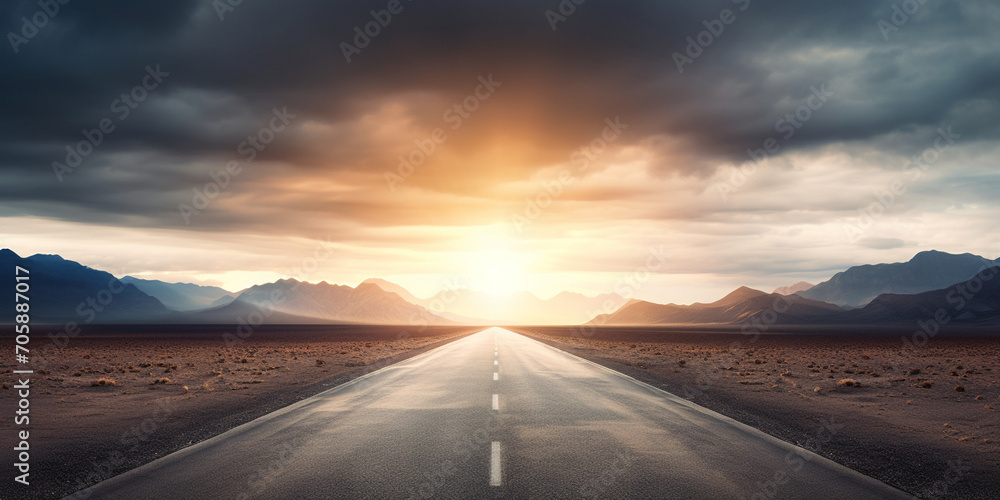On the Open Road Black Asphalt Beneath a Cloudy Canopy With Sunset Background