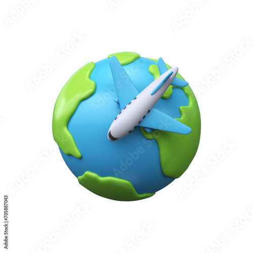 3D Airplane and globe icon. Airplane flies around the earth