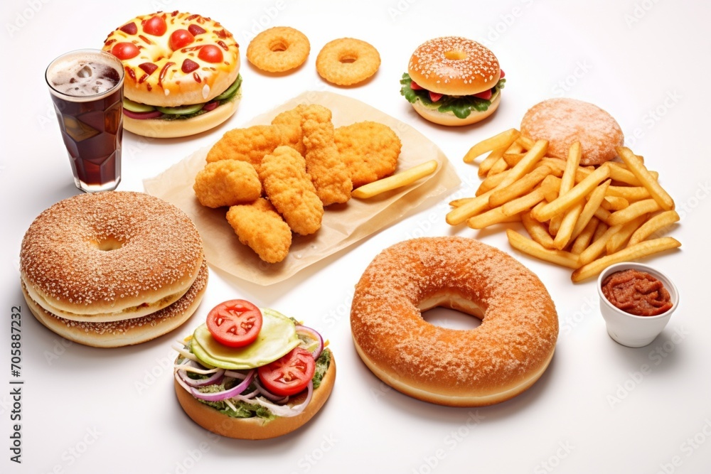 Fast food collection isolated on white background. onion rings, sandwich, fried chicken, pizza slice, hamburger. closeup abstract of different food items Fast food collection isolated on white background. onion rings, sandwich, fried chicken, pizza slice, hamburger. closeup abstract of different food items