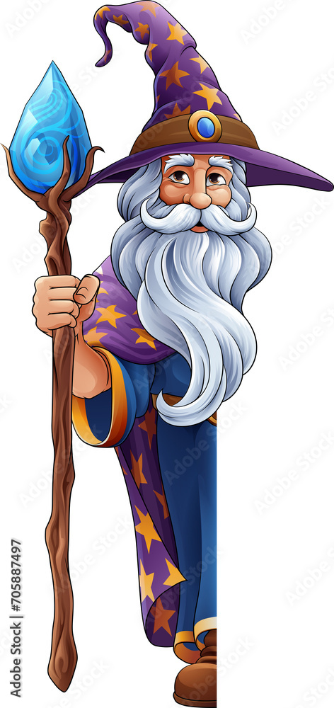 Naklejka premium Wizard Merlin Cartoon Beard Magician Man Character