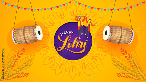 Dynamic Beats and Radiant Vibes Celebrating Lohri with Traditional Dhol Sounds. A Vivid Poster Illuminated by Cultural Colors, Joyful Drums, and Heartfelt Wishes for a 'Happy' Festival