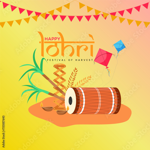 Lohri Fiesta Banner Dhol Beats Amidst Sugarcane, Kite, and Traditional Attire. Happy Lohri In Red and Yellow, Lohri Ki Lakh Lakh Vadaiyaan. Celebration of Harvest and Togetherness on Makar Sankranti.
