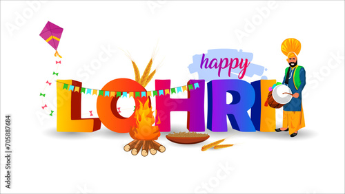 Happy Lohri with traditional dhol drumming, Vibrant Dhol, Enthusiastic Player, Symbolic Elements Roasted Peanuts, Sugarcane, Bonfire, Rehri. 'Happy Lohri' in Decorative Colorful Font
