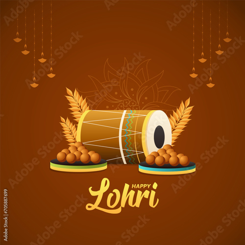 Vibrant Dhol Adorned with Colorful Patterns and Straps, Surrounded by Laddu. 'Lohri' Shines in White Letters Above. A Festive Tribute to Punjab's Folk Celebration.
