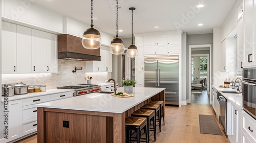 Amazing Luxury Kitchen Interior in white with wooden floor and kitchen island,kitchen detail in new luxury home. Features island, pendant lights, hardwood floors, and stainless steel appliances.