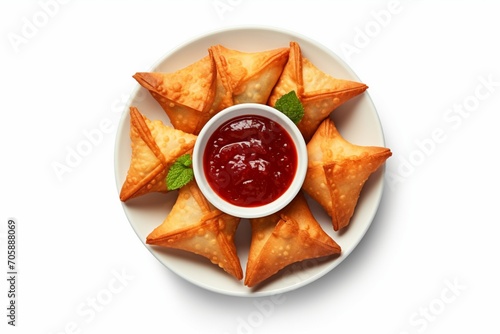 Samosas with ketchup, isolated on white background. Ramadan samosa plate top view, 3d illustration design