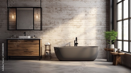 Industrial loft style bathroom background,There are white brick wall and polished concrete floor decorate with black steel tube,Furnished wood furniture.