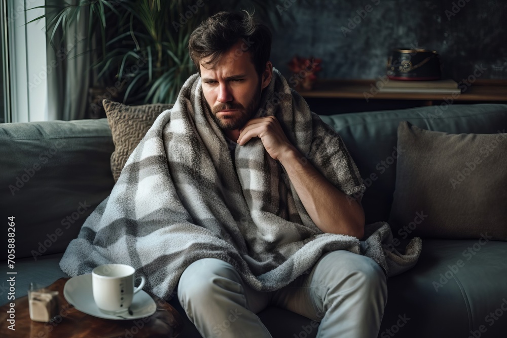 Obraz premium Sick man on the sofa at home drinking a hot drink and covered with a blanket. Concept of illness