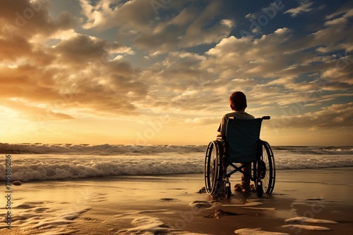 Child in wheelchair looking out to sea on the shore of a beach at sunset