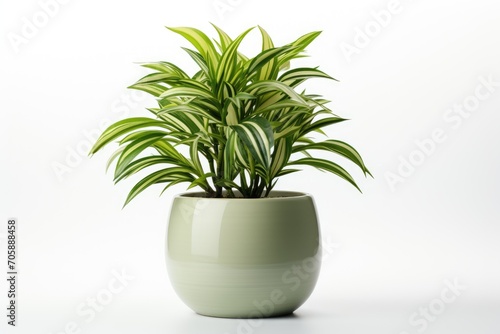 Green plant in green pot on white background.