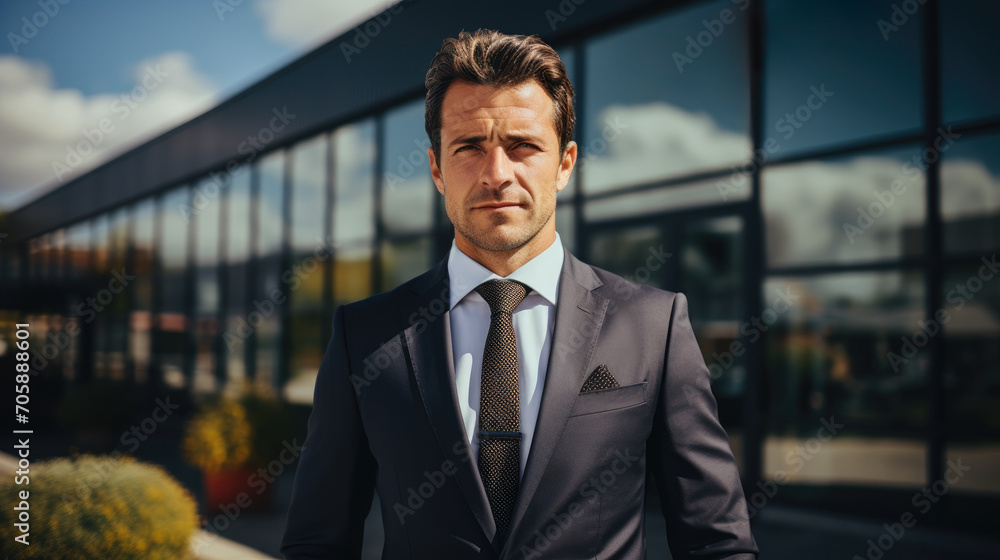 Portrait of successful business man owner in suit standing in front of modern office. Portrait of successful business man owner in suit standing in front of modern office.