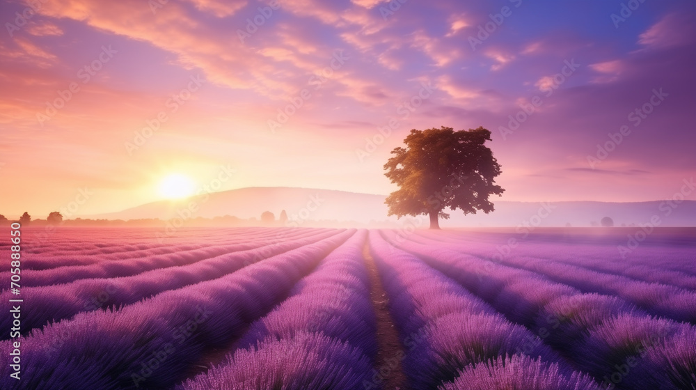 Fototapeta premium Wonderful amazing summer landscape of blooming lavender flowers, peaceful sunset view, agriculture scenic. Idyllic and serene countryside landscape with a stunning lavender field at foggy sunrise.