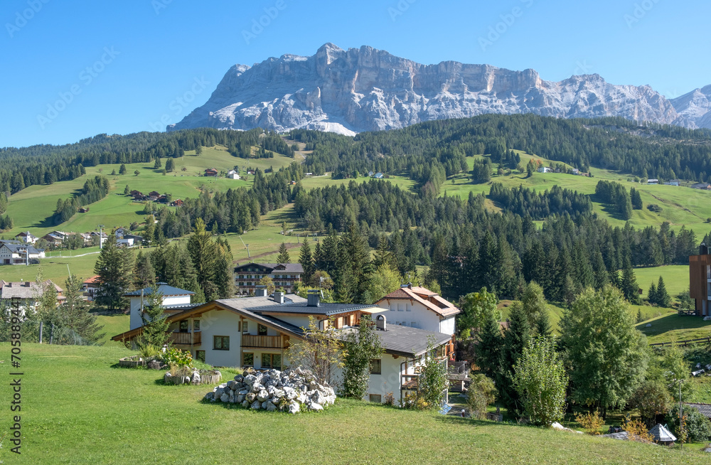 View of houses and mountains in the Dolomites Italy