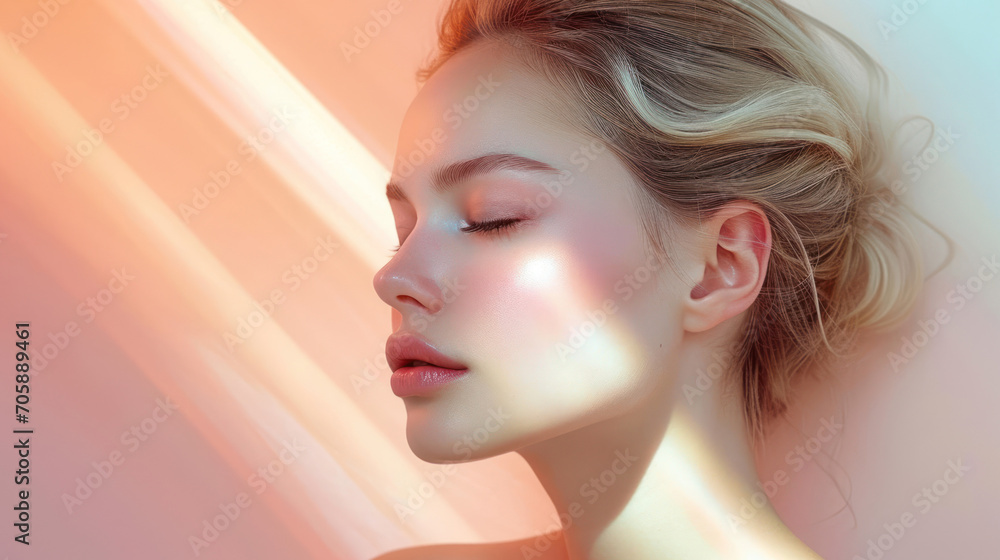 Portrait of a young woman full of calmness and serenity on a  light pastel background. Excellent for creating advertising for cosmetics, beauty salons, SPA and other projects for women. - obrazy, fototapety, plakaty 