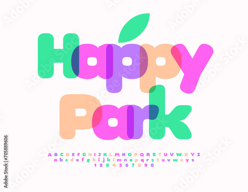 Vector modern flyer Happy Park. Children cute Font. Colorful Creative Alphabet Letters and Numbers set.